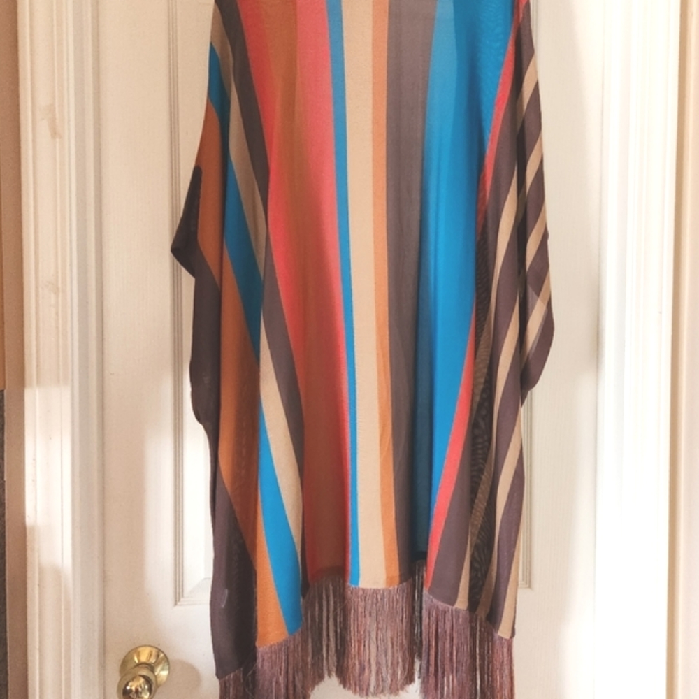 HAUTE HIPPIE Desert Stripes Western Turq Coral Midi Fringe Tunic Kimono Vest OS - Picture 12 of 16